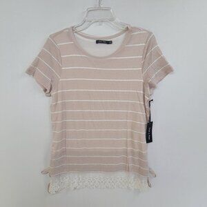 181.  Doe & Rae NWT Women's Short Sleeve Boho Chic Pullover Tunic Top Tan cream